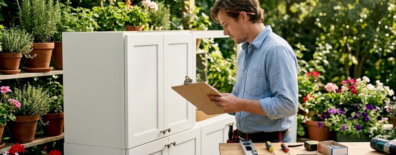 Installer inspecting rental kitchen cabinets