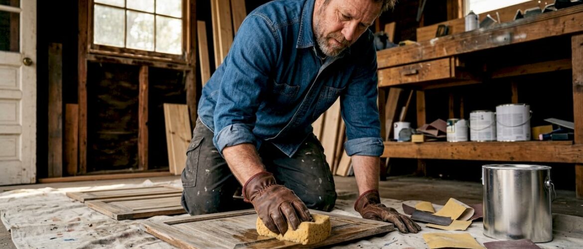 Painter degreasing wooden cabinet doors in kitchen
