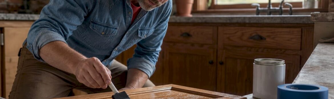 Homeowner applying clear topcoat to cabinet door