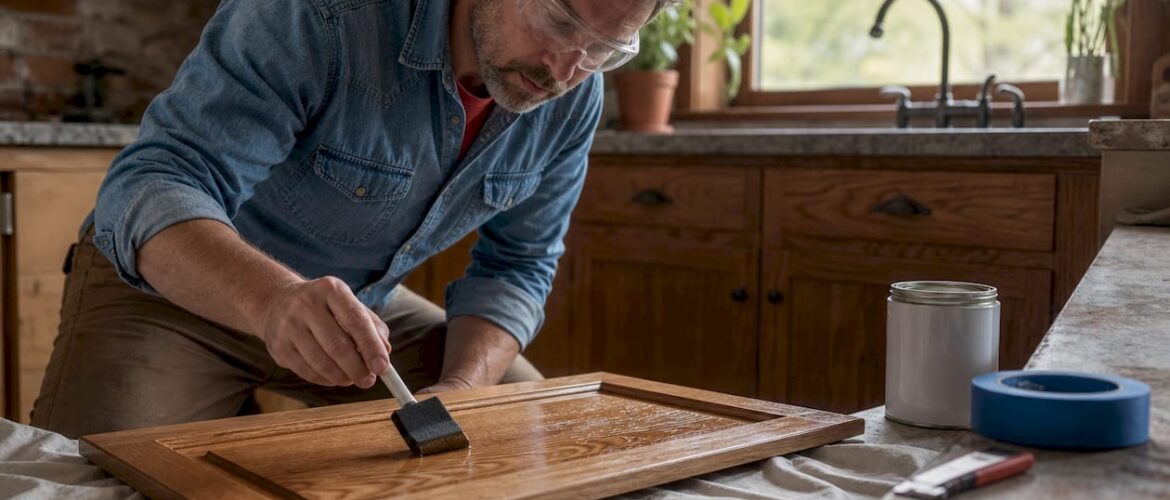 Homeowner applying clear topcoat to cabinet door