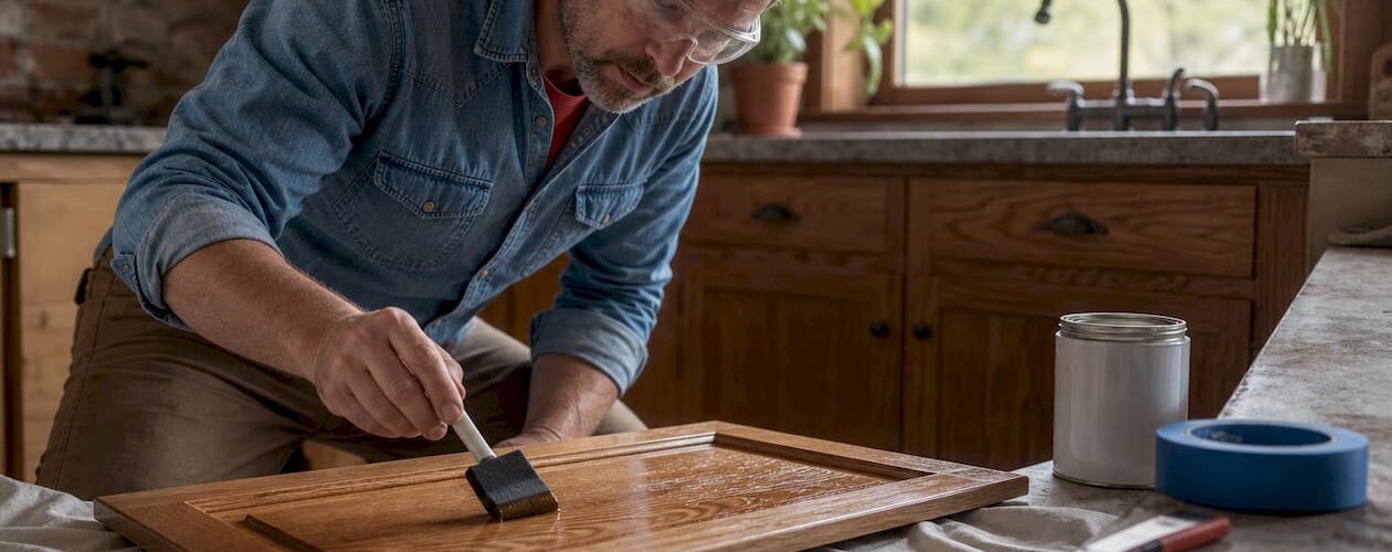 Homeowner applying clear topcoat to cabinet door