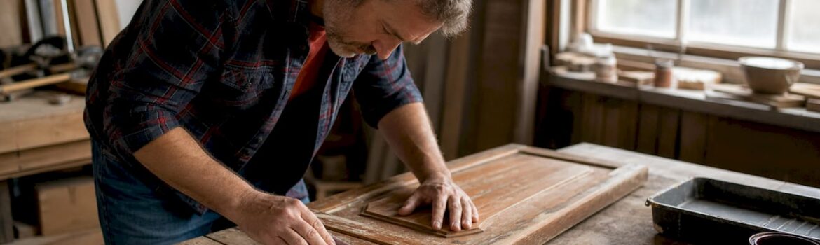 Carpenter sanding peeling cabinet door