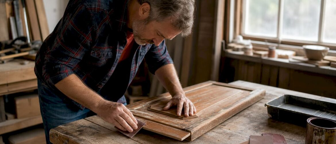 Carpenter sanding peeling cabinet door