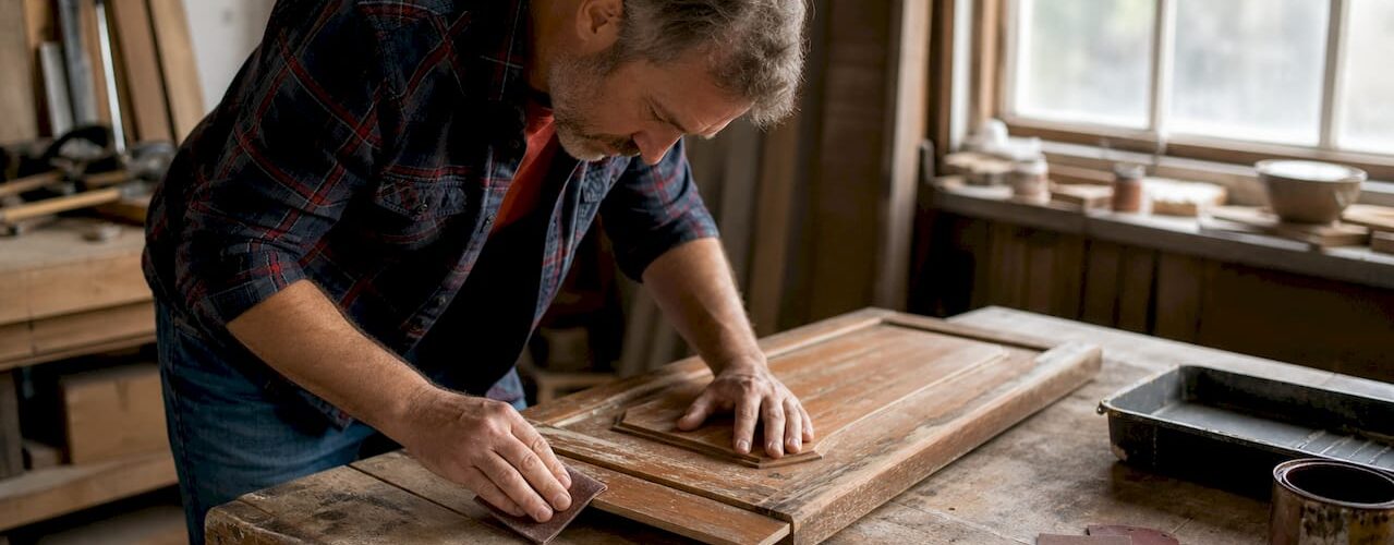 Carpenter sanding peeling cabinet door