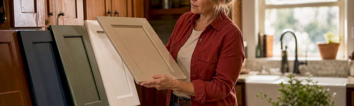 Woman comparing kitchen cabinet finish sheen levels
