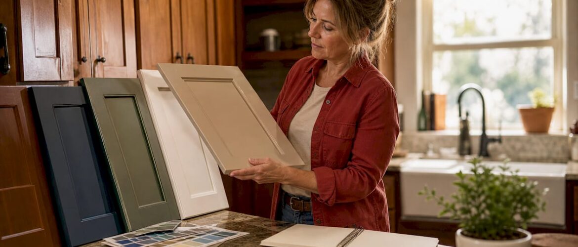 Woman comparing kitchen cabinet finish sheen levels