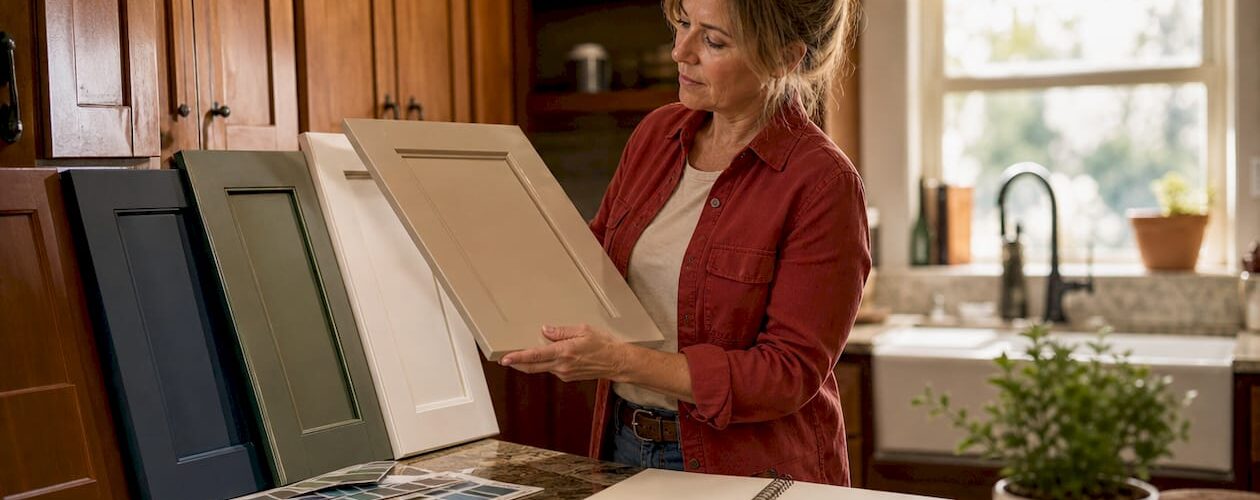 Woman comparing kitchen cabinet finish sheen levels