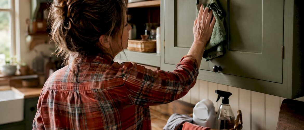 Woman cleaning glossy white kitchen cabinets