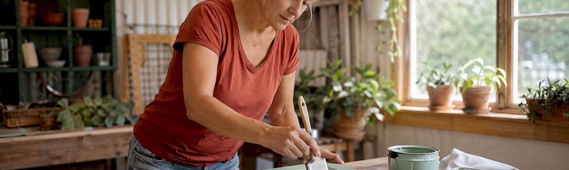 Woman painting kitchen cabinet door with low-VOC paint