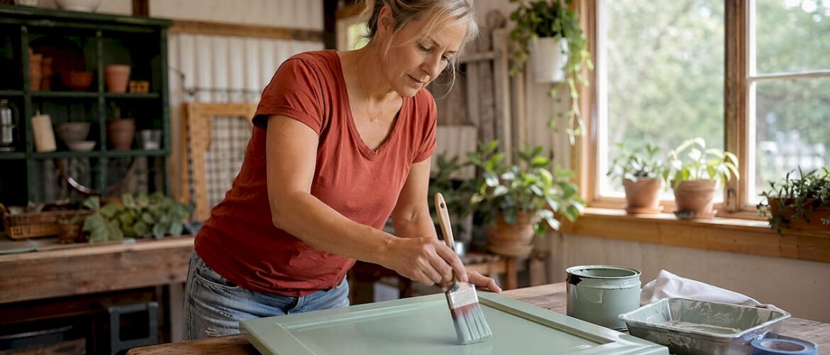 Woman painting kitchen cabinet door with low-VOC paint