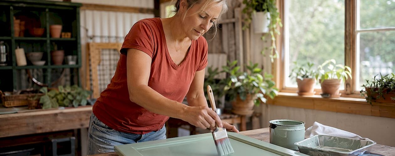 Woman painting kitchen cabinet door with low-VOC paint