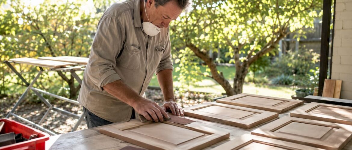 Man sanding multiple cabinet doors in workshop