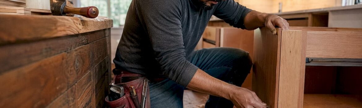 Carpenter installing wooden cabinet box in kitchen