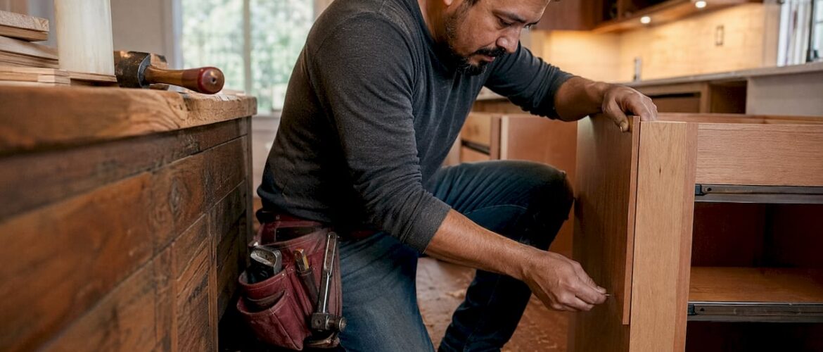 Carpenter installing wooden cabinet box in kitchen
