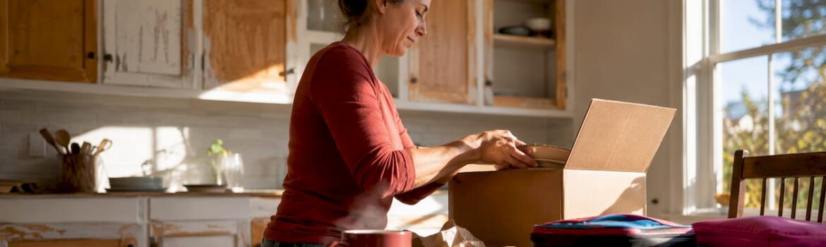 Woman unpacking in kitchen with refinishing progress