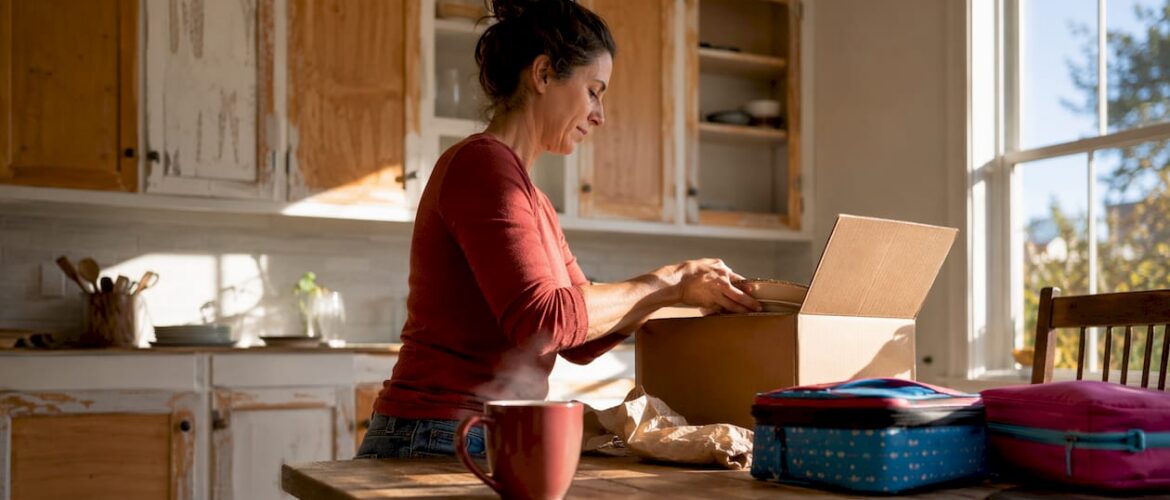 Woman unpacking in kitchen with refinishing progress