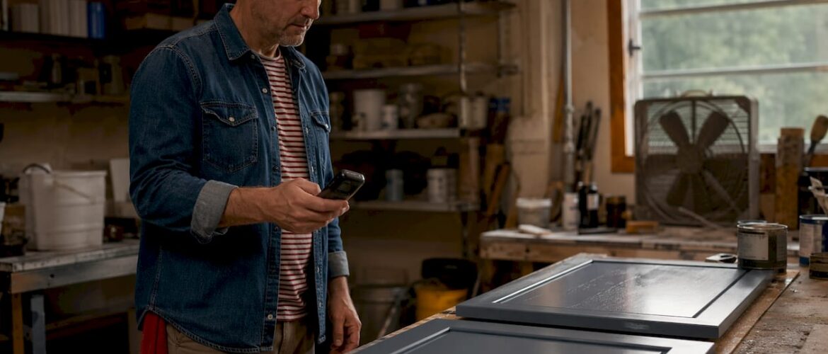 Man measuring temperature during cabinet painting