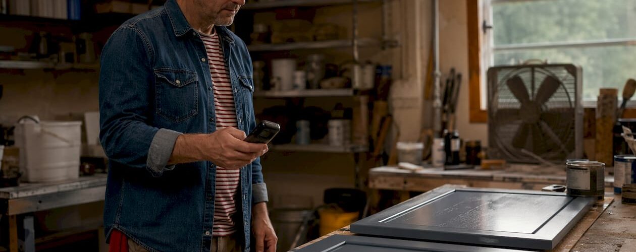 Man measuring temperature during cabinet painting