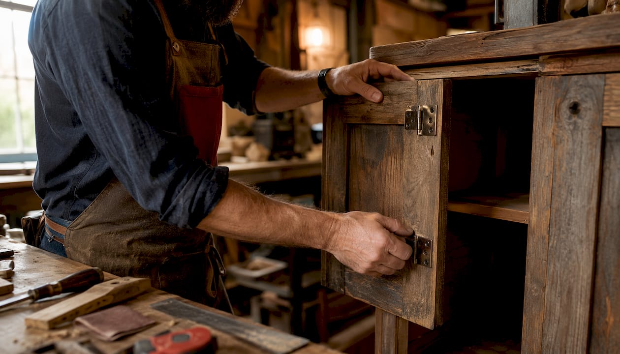 Carpenter installing farmhouse cabinet door