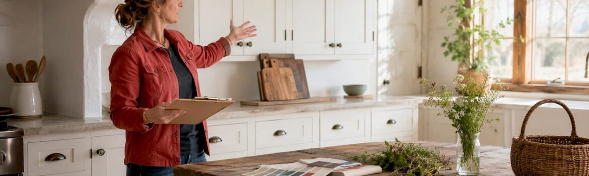 Interior designer presenting farmhouse kitchen cabinets