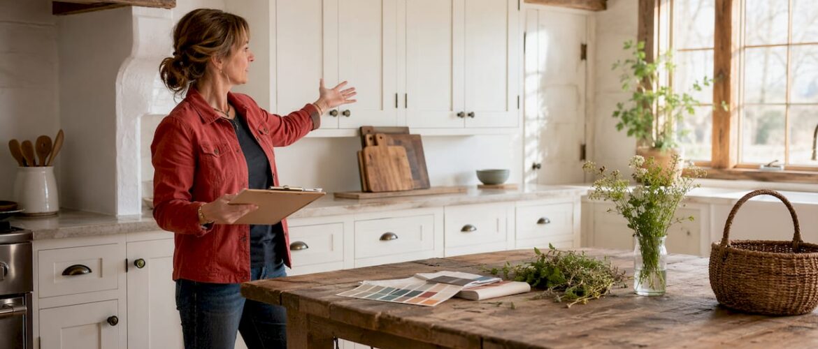 Interior designer presenting farmhouse kitchen cabinets