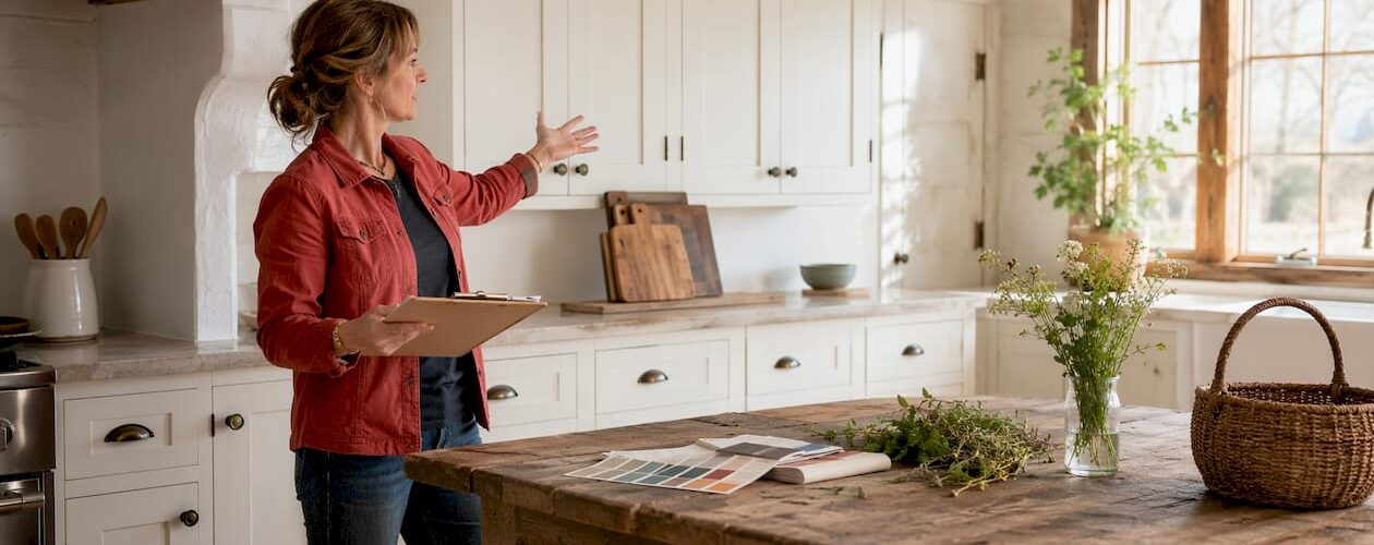 Interior designer presenting farmhouse kitchen cabinets