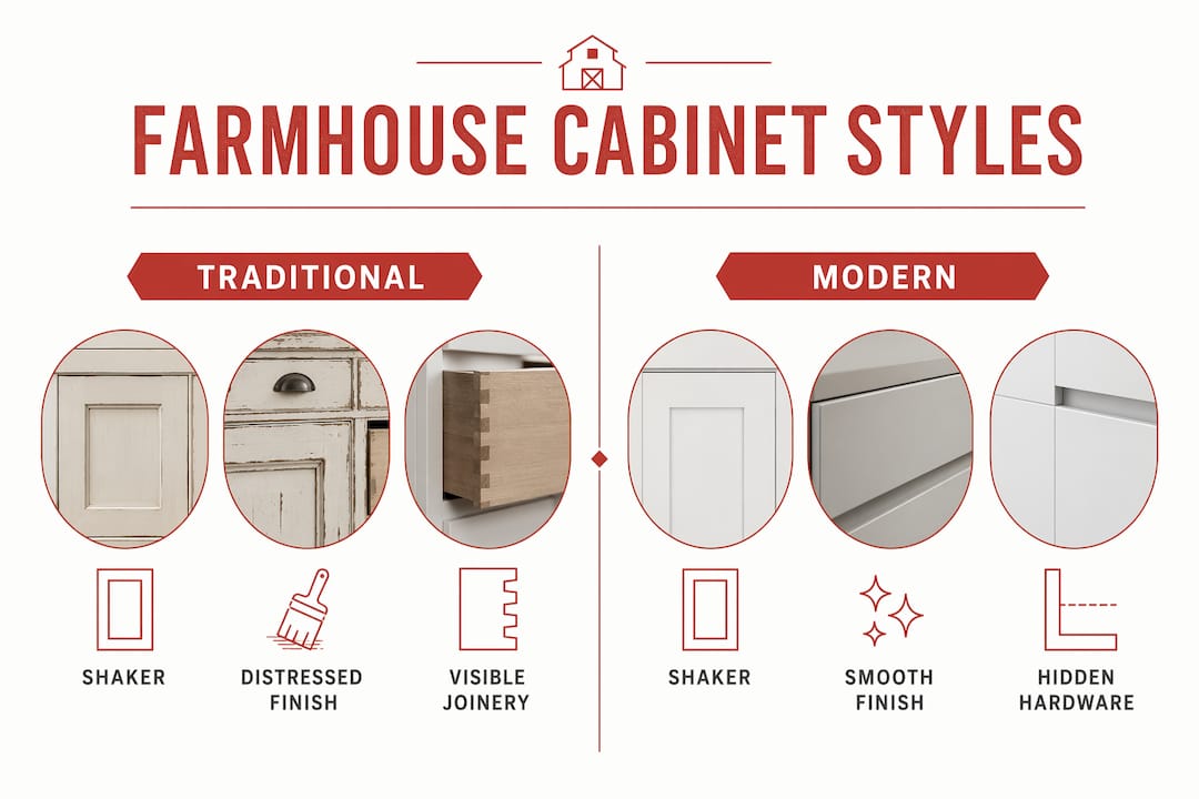 Infographic comparing traditional and modern farmhouse cabinets