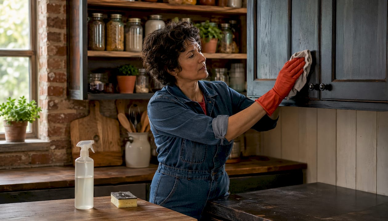 Woman degreasing kitchen cabinet surface
