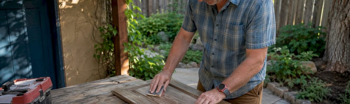 DIY man sanding cabinet door in garage workshop