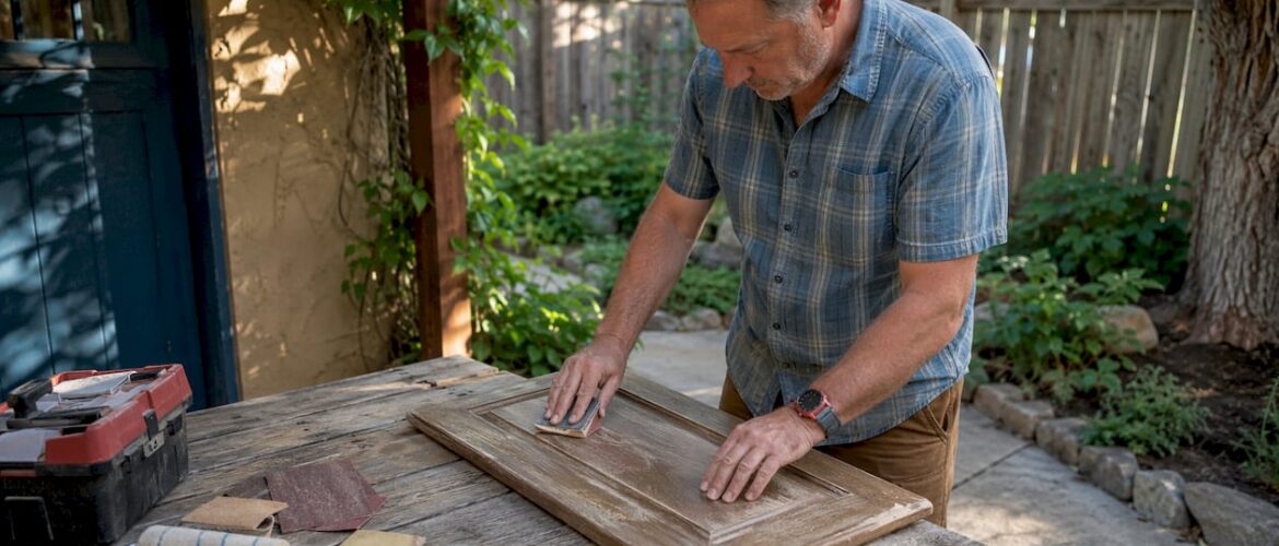 DIY man sanding cabinet door in garage workshop