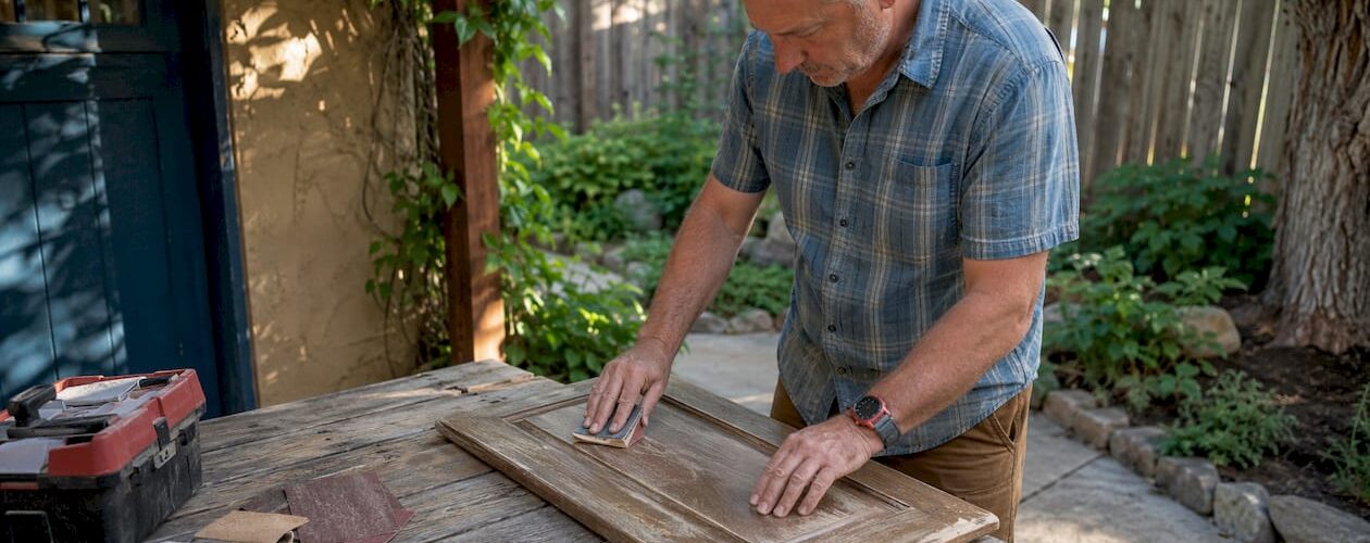 DIY man sanding cabinet door in garage workshop