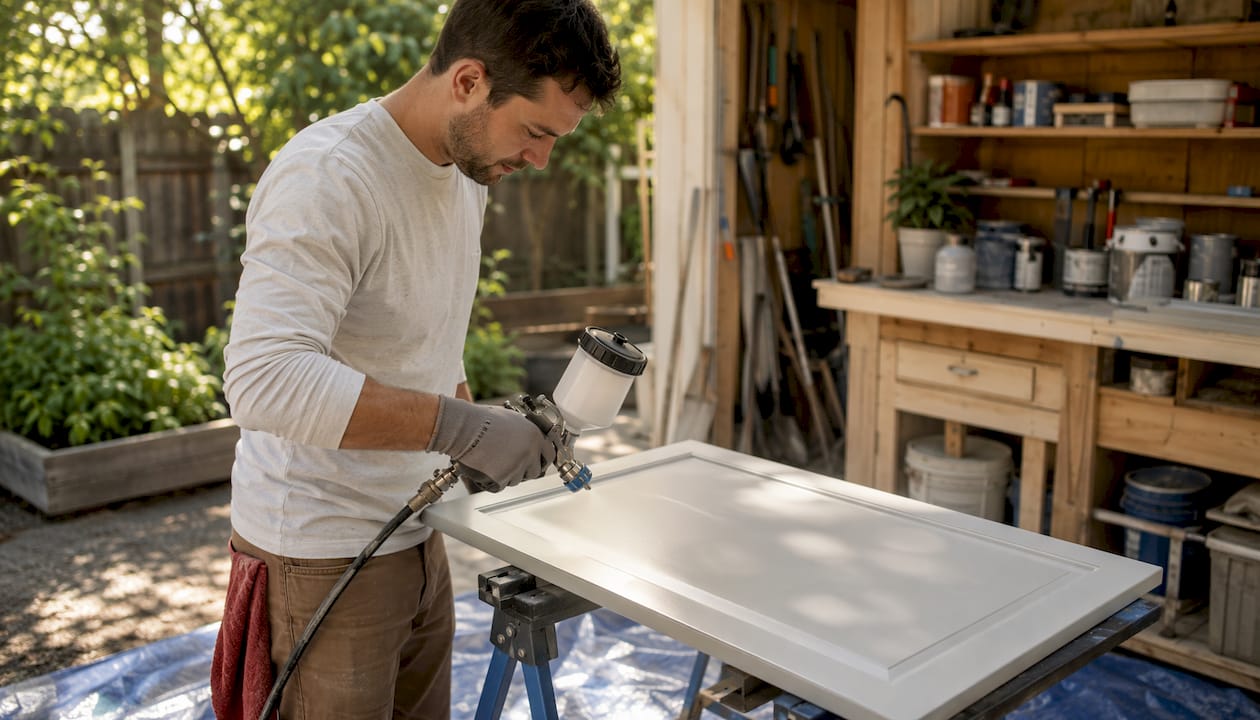 Man spraying cabinet door with HVLP sprayer in garage