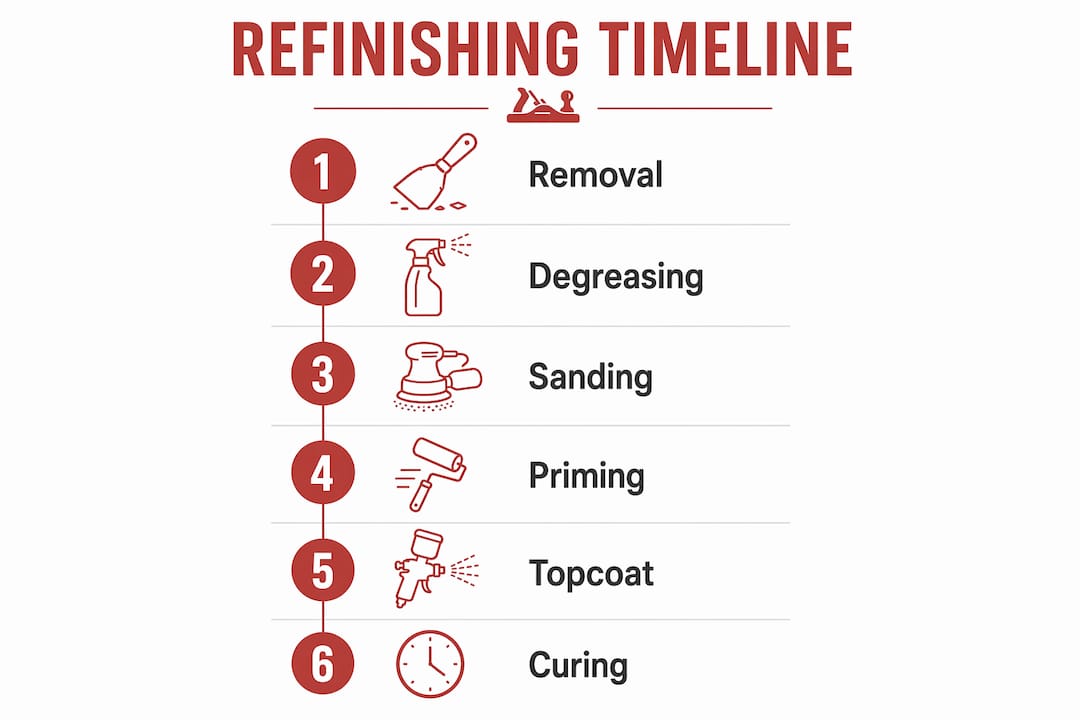 Infographic illustrating step-by-step refinishing timeline