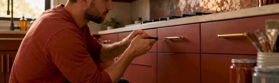 Person installing cabinet hardware in kitchen