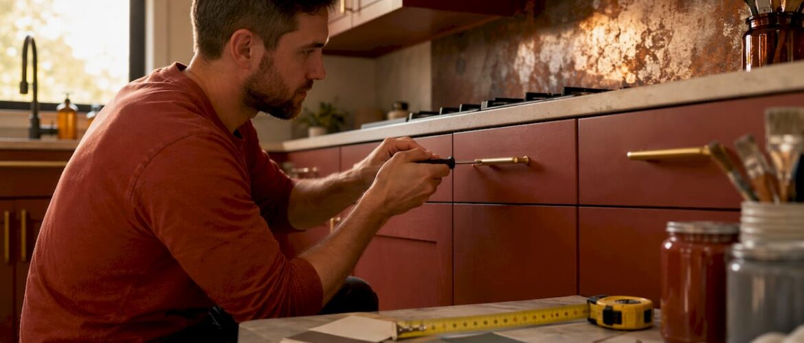 Person installing cabinet hardware in kitchen