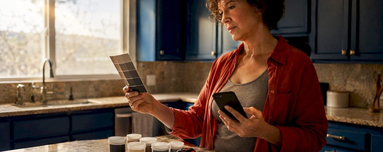 Homeowner evaluating kitchen cabinet refacing options