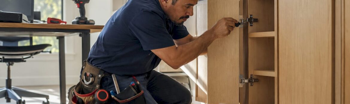 Installer adjusting cabinet door hinge in kitchen