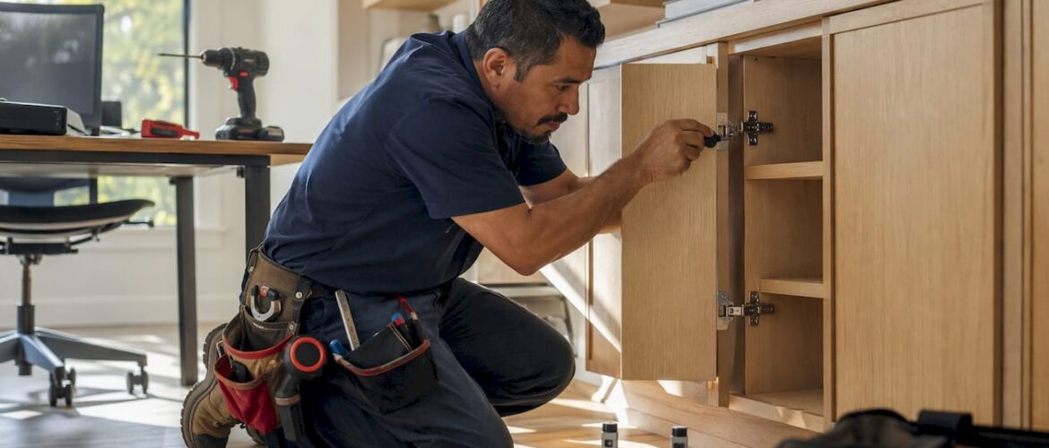 Installer adjusting cabinet door hinge in kitchen