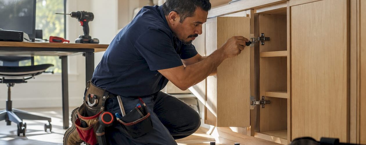Installer adjusting cabinet door hinge in kitchen