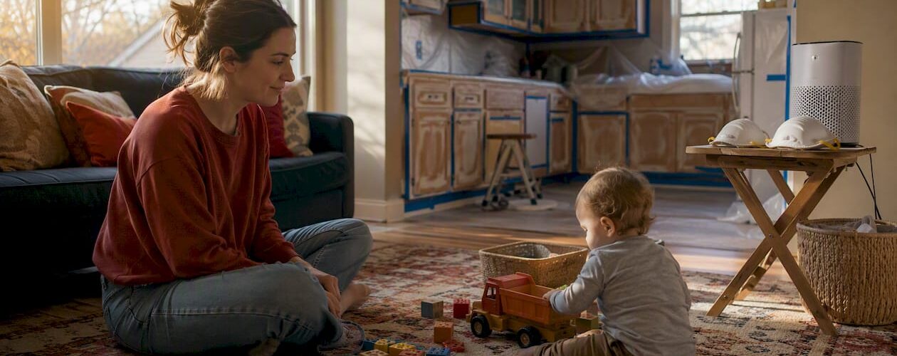 Mother watching toddler near refinishing kitchen cabinets