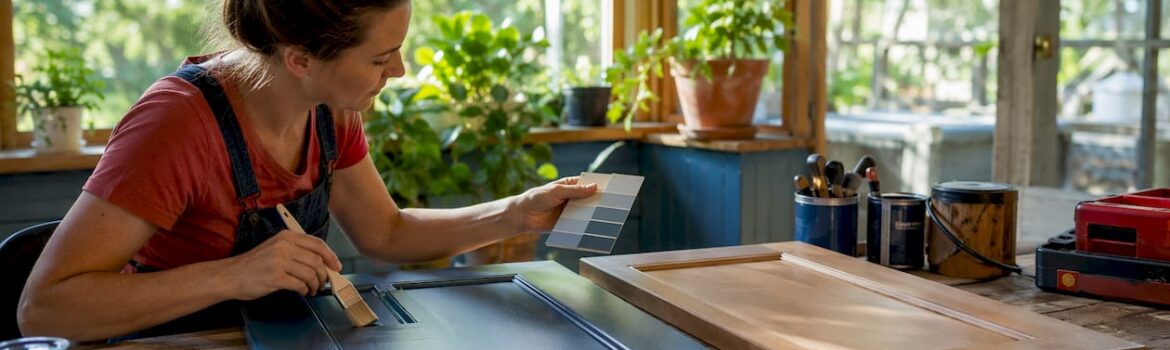 Homeowner comparing refinished and unfinished kitchen cabinets