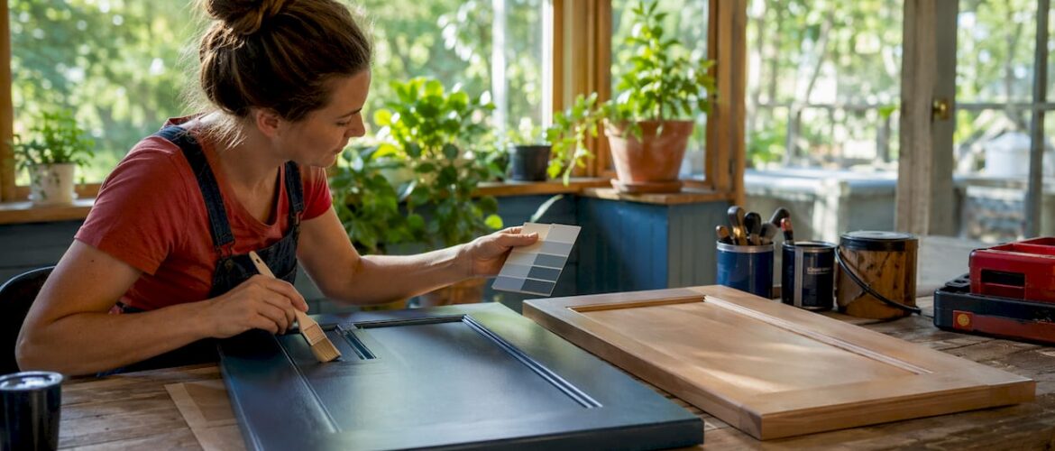 Homeowner comparing refinished and unfinished kitchen cabinets