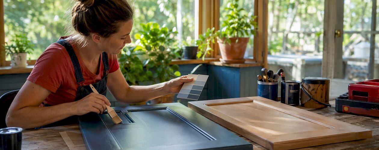 Homeowner comparing refinished and unfinished kitchen cabinets