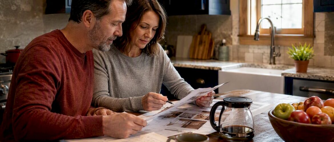 Couple reviewing home value in remodeled kitchen