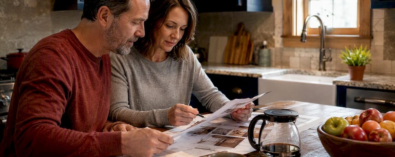 Couple reviewing home value in remodeled kitchen