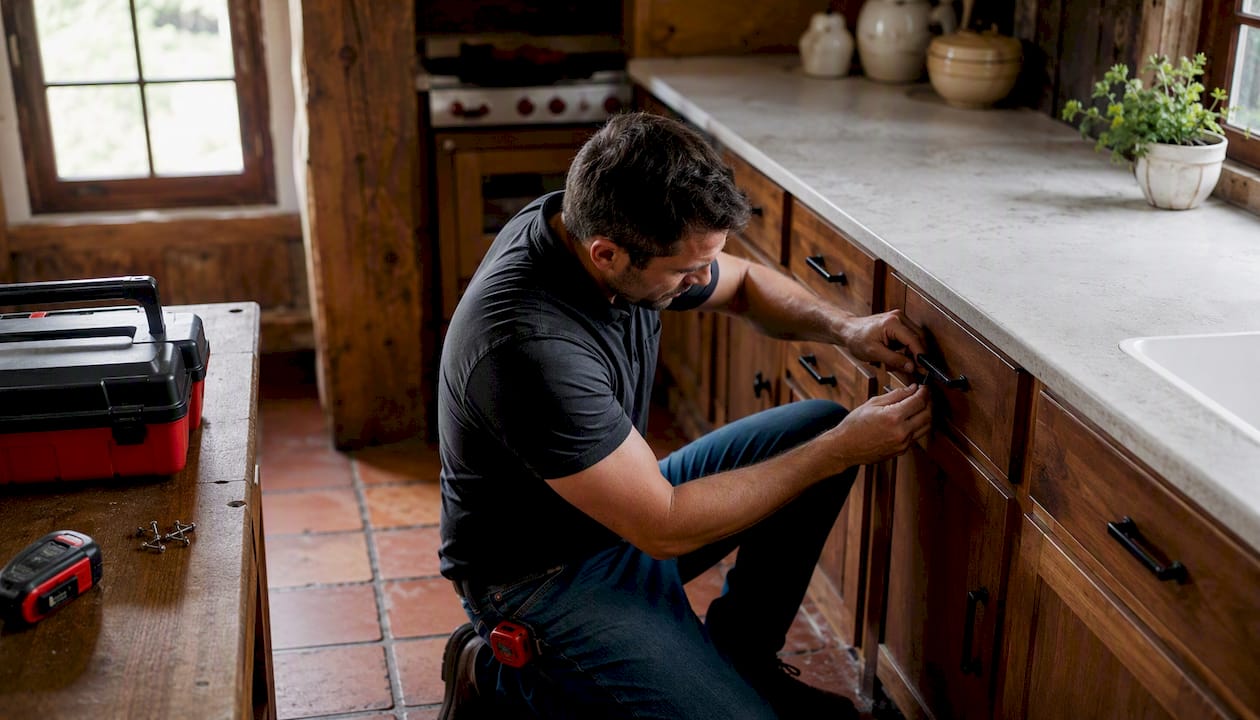 Contractor installing kitchen cabinet hardware