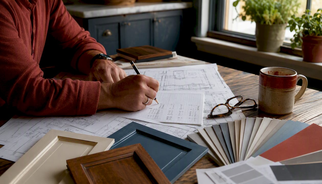 Overhead view of remodeling budget planning workspace