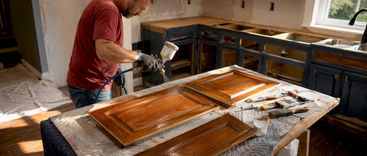 Man refinishing kitchen cabinets with sprayer