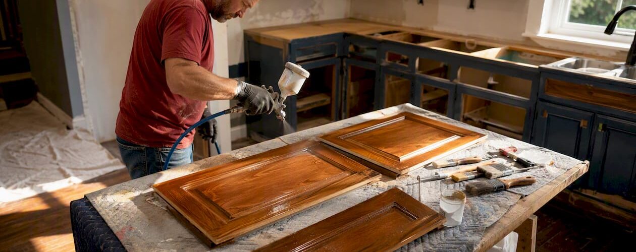 Man refinishing kitchen cabinets with sprayer