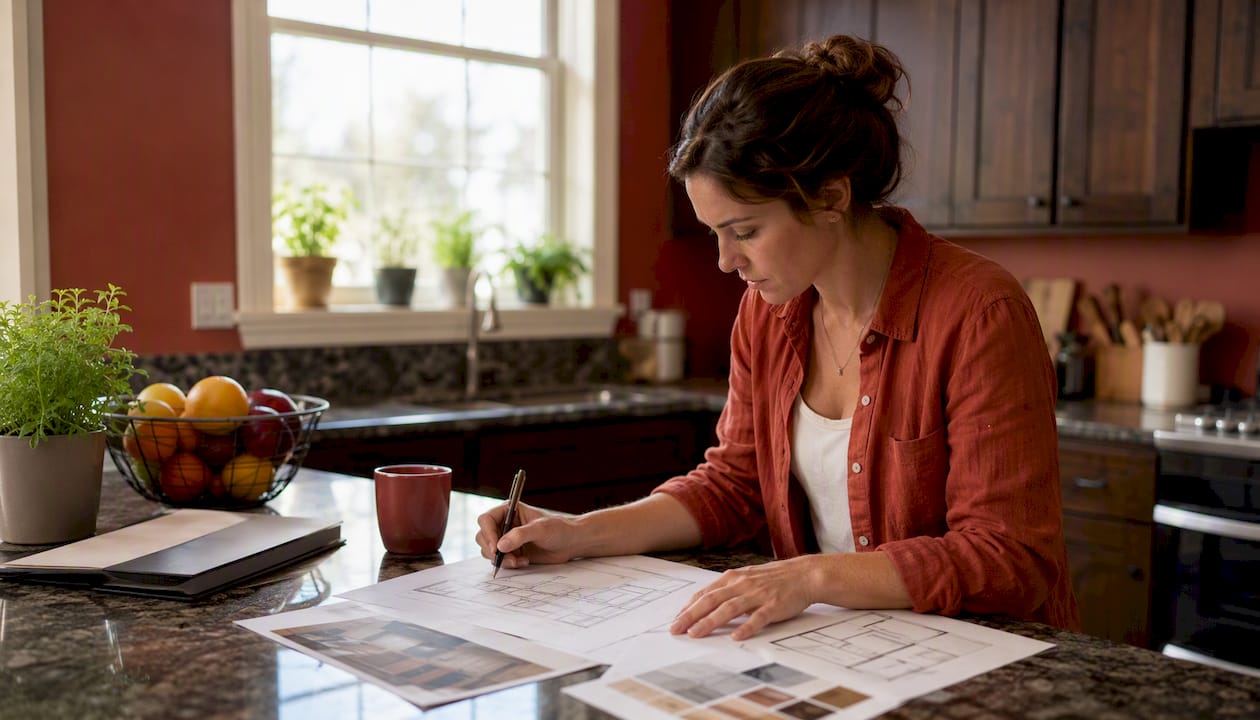 Woman reviewing kitchen remodel plans at table